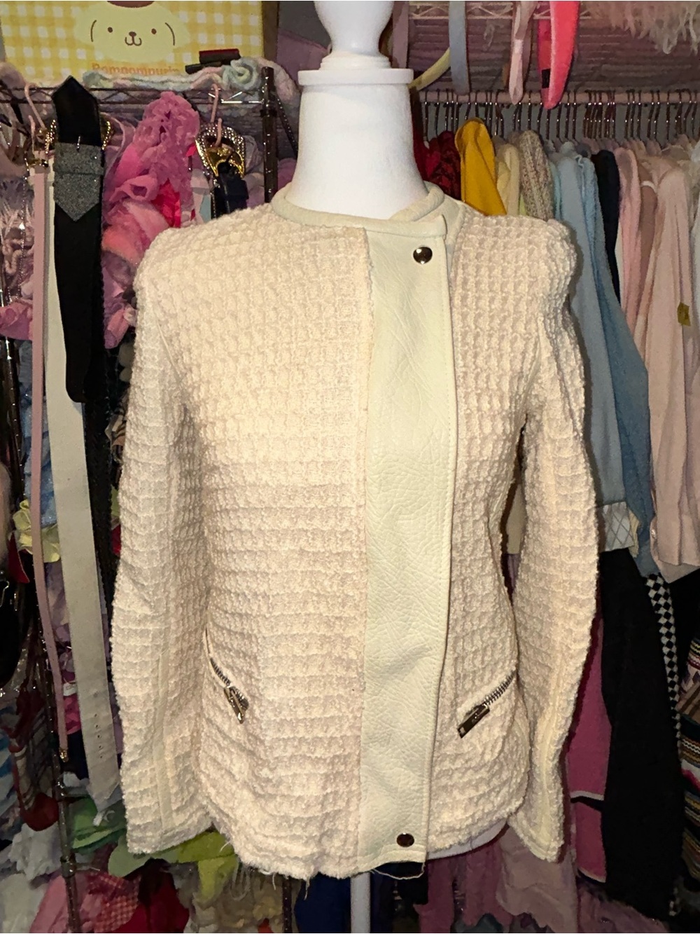 IRO Cream Textured Women's Jacket with Leather Trim